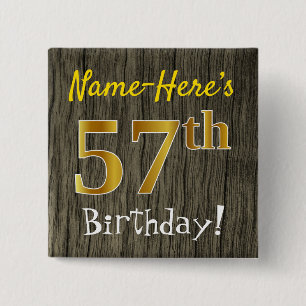 Badge Carré 5 Cm Faux Wood, Faux Gold 57th Birthday + Custom Name