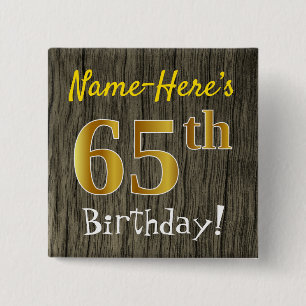 Badge Carré 5 Cm Faux Wood, Faux Gold 65e anniversaire + Nom person