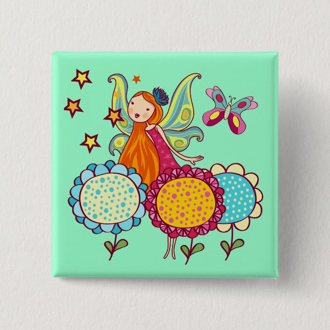 Badge Carré 5 Cm Fée de jardin avec des fleurs (Devant)
