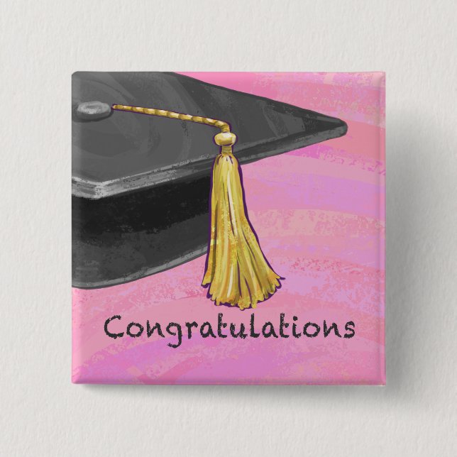 Badge Carré 5 Cm Félicitations Diplômé Noir et Rose (Devant)