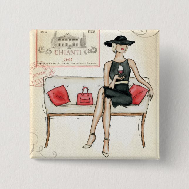 Badge Carré 5 Cm Femme buvant du vin rouge (Devant)