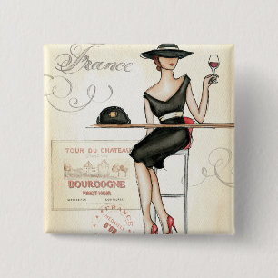 Badge Carré 5 Cm Femme française buvant du vin rouge