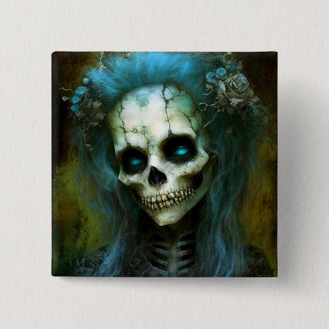 Badge Carré 5 Cm Femme morte Squelette Horreur (Devant)