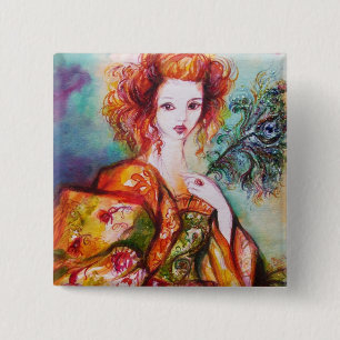 BADGE CARRÉ 5 CM FEMME ROMANTIQUE AVEC PLUME DE PAON