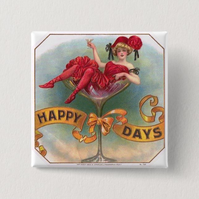 Badge Carré 5 Cm Femme victorienne Champagne Rouge Happy (Devant)