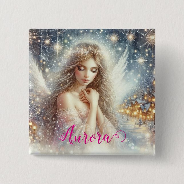 Badge Carré 5 Cm Festive Girly Watercolor Ethereal Frost Snow Angel (Devant)