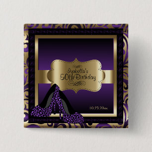 Badge Carré 5 Cm Fête d'anniversaire pourpre et or