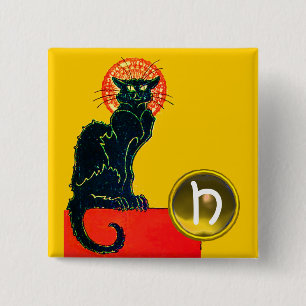 BADGE CARRÉ 5 CM FÊTE D'HALLOWEEN CHAT NOIR MONOGRAMME