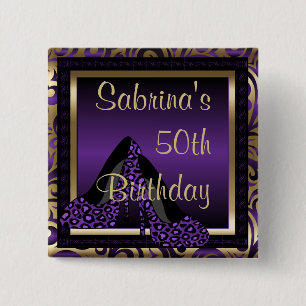Badge Carré 5 Cm Fête du 00e anniversaire Leopard mauve à talons