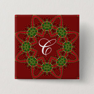 Badge Carré 5 Cm Fêtes Rouge & Vert Monogramme Bouton