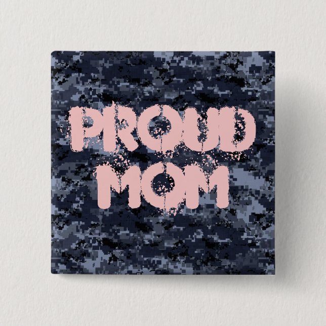 Badge Carré 5 Cm Fier Maman Militaire Bleu Bouton Camouflage (Devant)