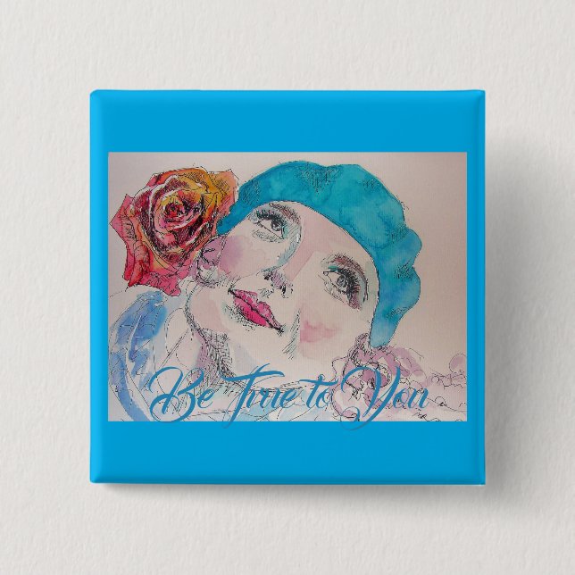 Badge Carré 5 Cm Fille avec Rose Rouge Beret Soyez Vrai À Vous Badg (Devant)