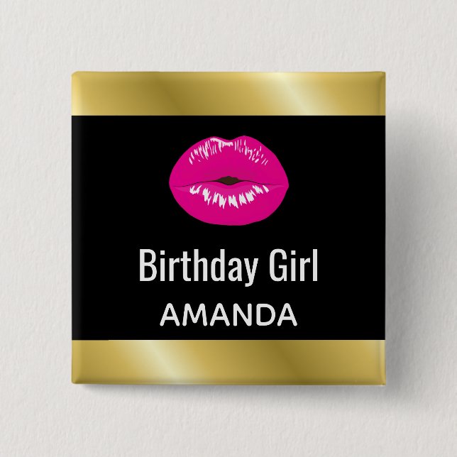 Badge Carré 5 Cm Fille d'anniversaire Hot rose lèvres glamour (Devant)