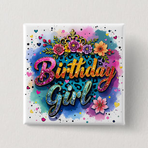 Badge Carré 5 Cm Fille d'anniversaire léopard floral