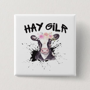 Badge Carré 5 Cm Fille de foin agricultrice drôle bovins vache ferm