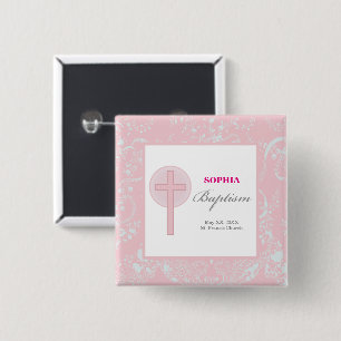 Badge Carré 5 Cm Fille en dentelle rose Baptême