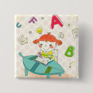Badge Carré 5 Cm Fille s'asseyant sur la chaise, étudiant