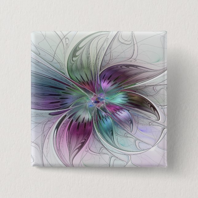 Badge Carré 5 Cm Fleur Abstraite colorée Art moderne floral fractal (Devant)