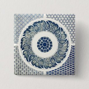 Badge Carré 5 Cm Fleur bleue blanche chinoise ronde