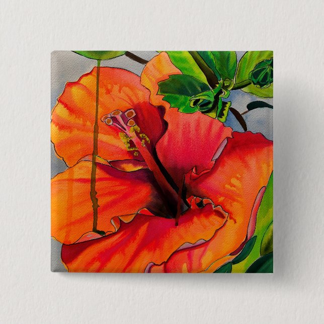 Badge Carré 5 Cm Fleur d'hibiscus néon tropical (Devant)