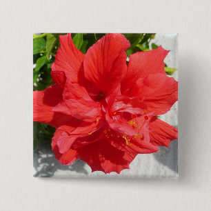 Badge Carré 5 Cm Fleur double hibiscus rouge