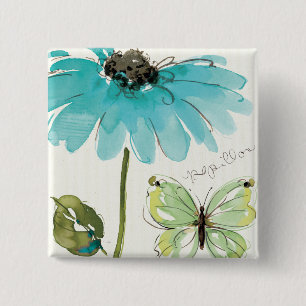 Badge Carré 5 Cm Fleur et papillon bleus