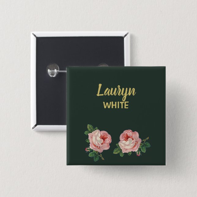 Badge Carré 5 Cm Fleur rose et feuilles sur vert foncé (Devant & derrière)