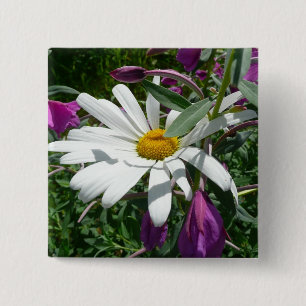 Badge Carré 5 Cm Fleur sauvage Daisy et Fireweed