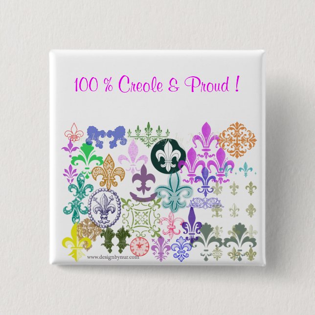 Badge Carré 5 Cm fleurdelis, 100 % créole et fier ! (Devant)