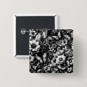 Badge Carré 5 Cm Fleurs Antiques Monochromes avec Papillons