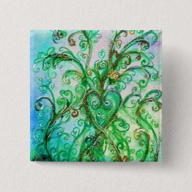 Badge Carré 5 Cm FLEURS BLANCHES Vert Bleu Coeur Floral (Devant)