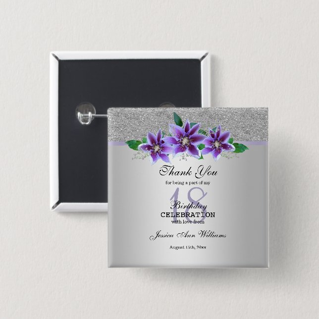 Badge Carré 5 Cm Fleurs Clematis et Argent Classy 18e anniversaire (Devant & derrière)