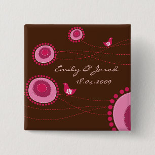 Badge Carré 5 Cm Fleurs mignonnes de points roses heureux d'oiseaux