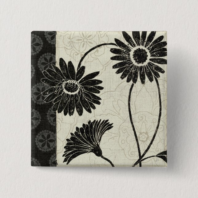 Badge Carré 5 Cm Fleurs noires et blanches (Devant)