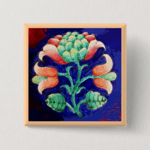 BADGE CARRÉ 5 CM FLEURS ROSES STYLISÉES, FLEURS VERTES BLEUES
