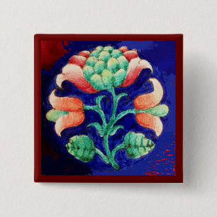 BADGE CARRÉ 5 CM FLEURS ROSES STYLISÉES, FLEURS VERTES BLEUES