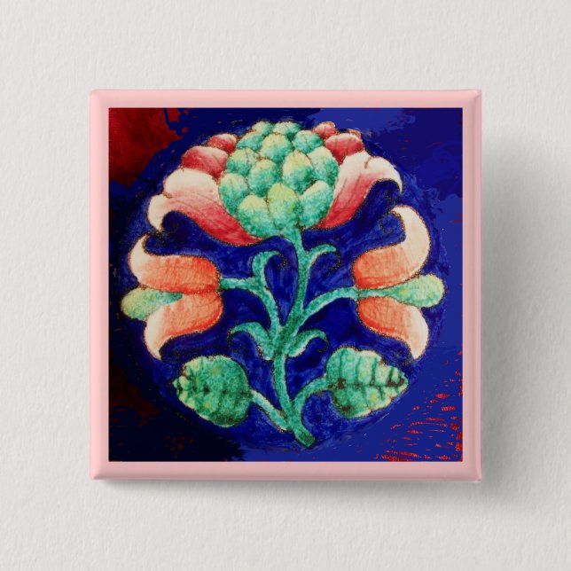 BADGE CARRÉ 5 CM FLEURS ROSES STYLISÉES, FLEURS VERTES BLEUES (Devant)