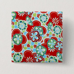 Badge Carré 5 Cm Fleurs rouges, bleues, vertes et blanches