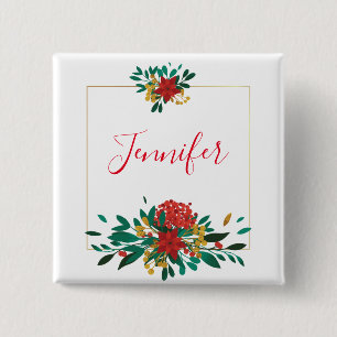 Badge Carré 5 Cm Flore moderne rouge vert et or Noël