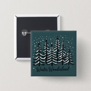 Badge Carré 5 Cm Forêt de Noël d'hiver d'arbre de conifère