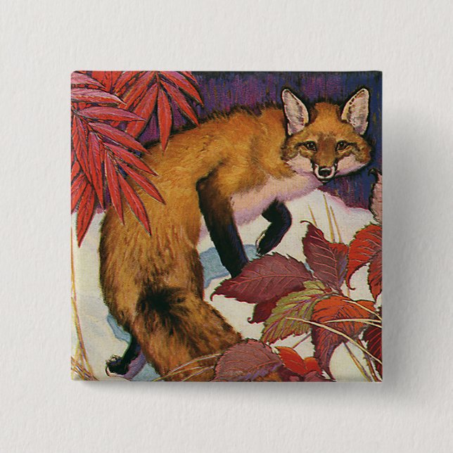 Badge Carré 5 Cm Forêt vintage Créatures Red Fox Wild Animal (Devant)