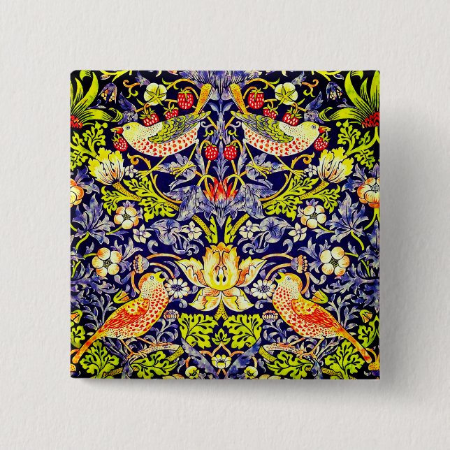 Badge Carré 5 Cm Fraise Thief Oiseaux William Morris (Devant)