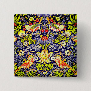 Badge Carré 5 Cm Fraise Thief Oiseaux William Morris