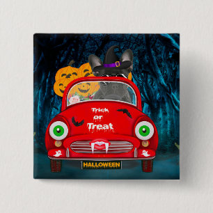 Badge Carré 5 Cm Français Bulldog Driving Car Effrayant Halloween