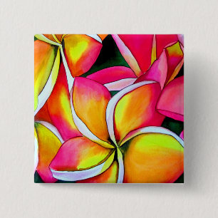 Badge Carré 5 Cm Frangipani rose Neon Plumeria Plage fleurs d'art