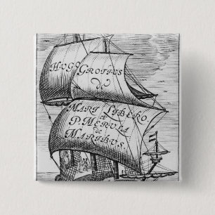 Badge Carré 5 Cm Frontispice à "De Mari Libero", par Hugo Grotius