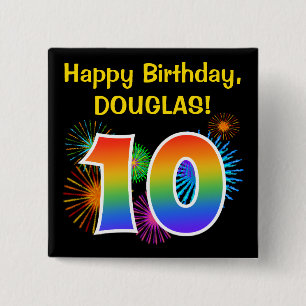 Badge Carré 5 Cm Fun Fireworks + Rainbow Motif "10" Anniversaire #