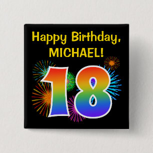 Badge Carré 5 Cm Fun Fireworks + Rainbow Motif "18" Anniversaire #