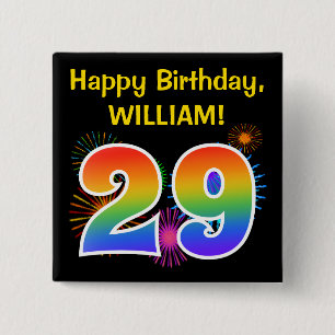 Badge Carré 5 Cm Fun Fireworks + Rainbow Motif "29" Anniversaire #