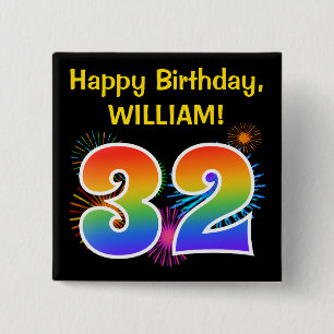 Badge Carré 5 Cm Fun Fireworks + Rainbow Motif "32" Anniversaire #